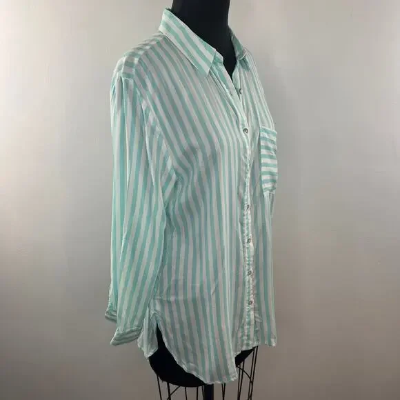 Grand & Green Green White Top Rayon Striped Pleated Button-Up Size Medium M - Picture 4 of 9